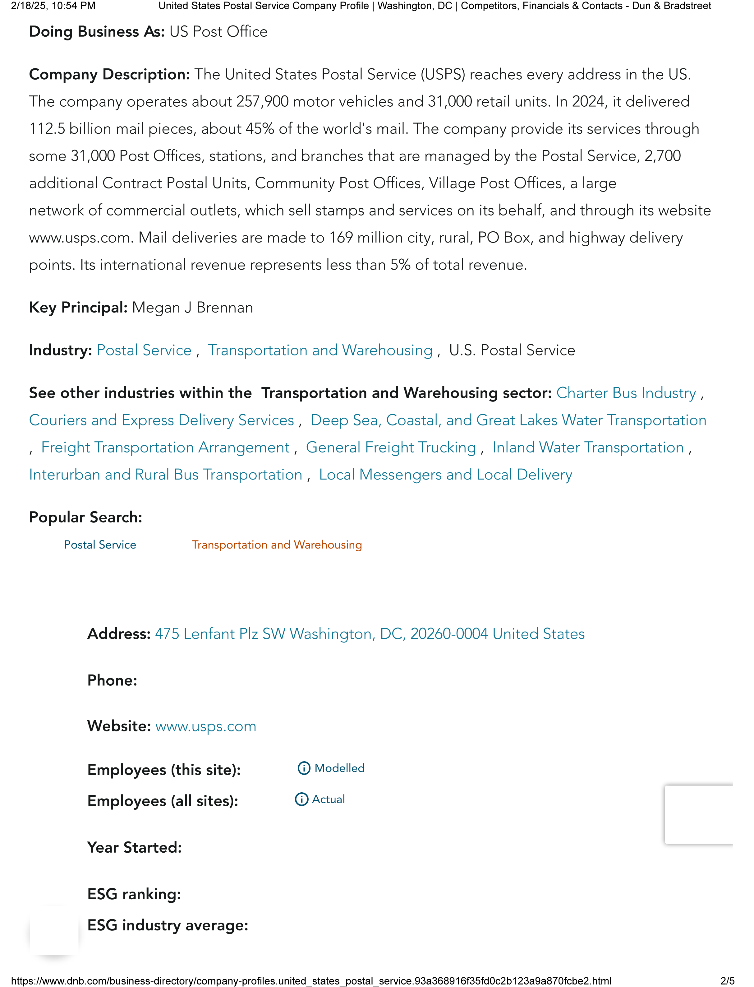 United States Postal Service Company Profile